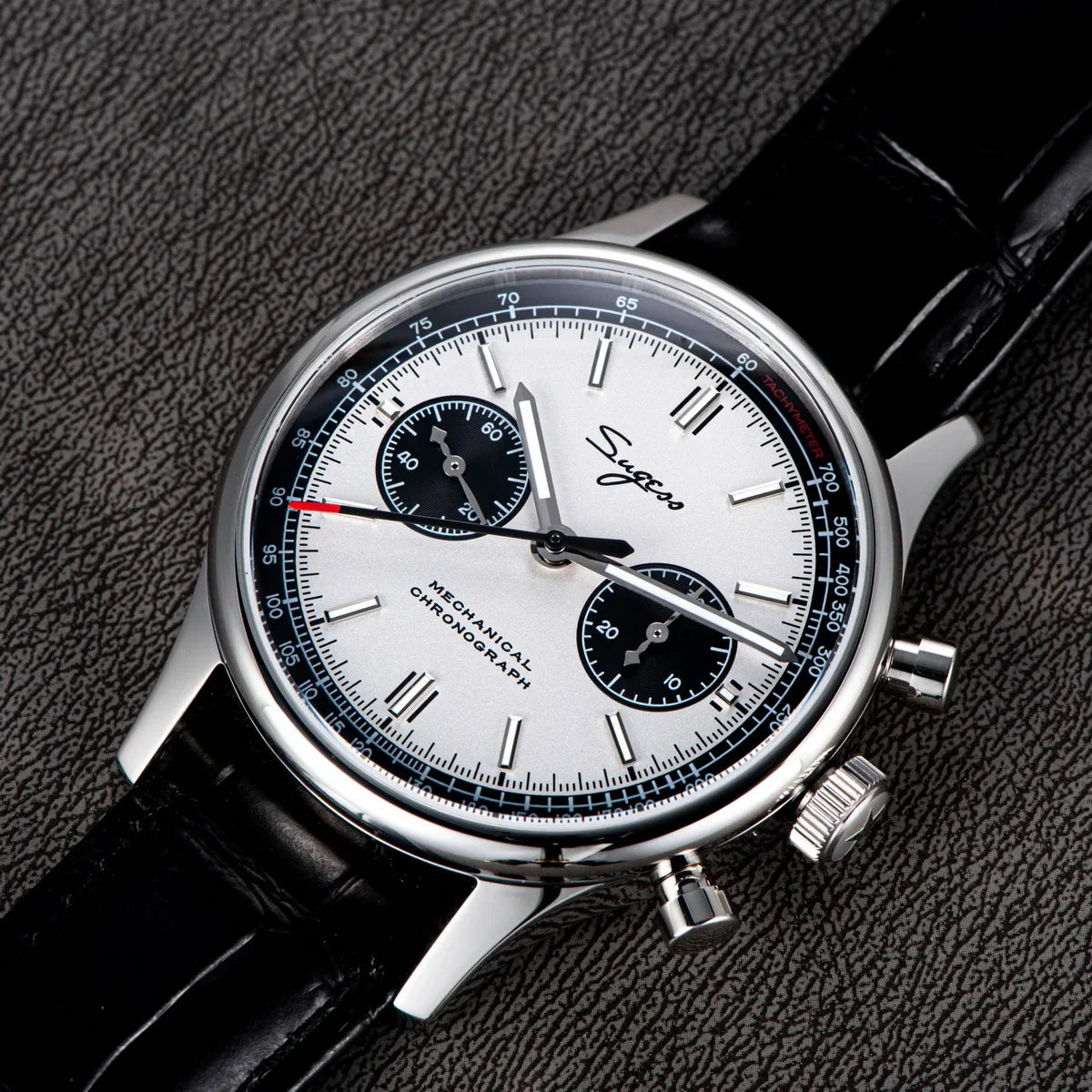 Sugess Panda Pilot 1963 40mm stainless steel chronograph watch with black and white dial, mechanical hand wind Seagull movement visible through caseback