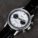 Sugess Panda Pilot 1963 40mm stainless steel chronograph watch with black and white dial, mechanical hand wind Seagull movement visible through caseback