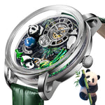 LUDLOW Skeleton Panda 47mm automatic with exposed movement visible through hardlex crystal and Roman numeral hour markers on panda dial