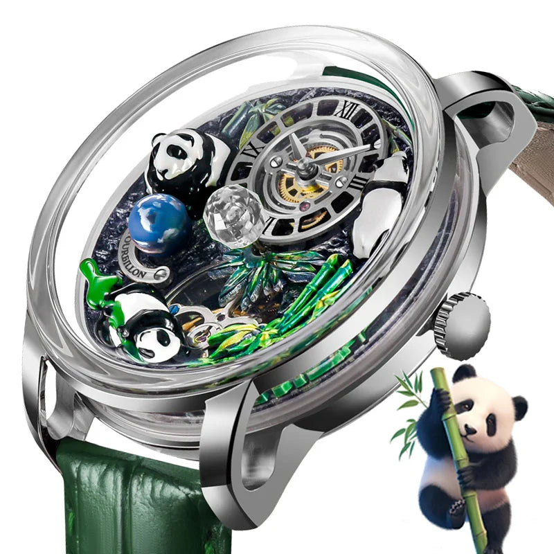 LUDLOW Skeleton Panda 47mm automatic with exposed movement visible through hardlex crystal and Roman numeral hour markers on panda dial