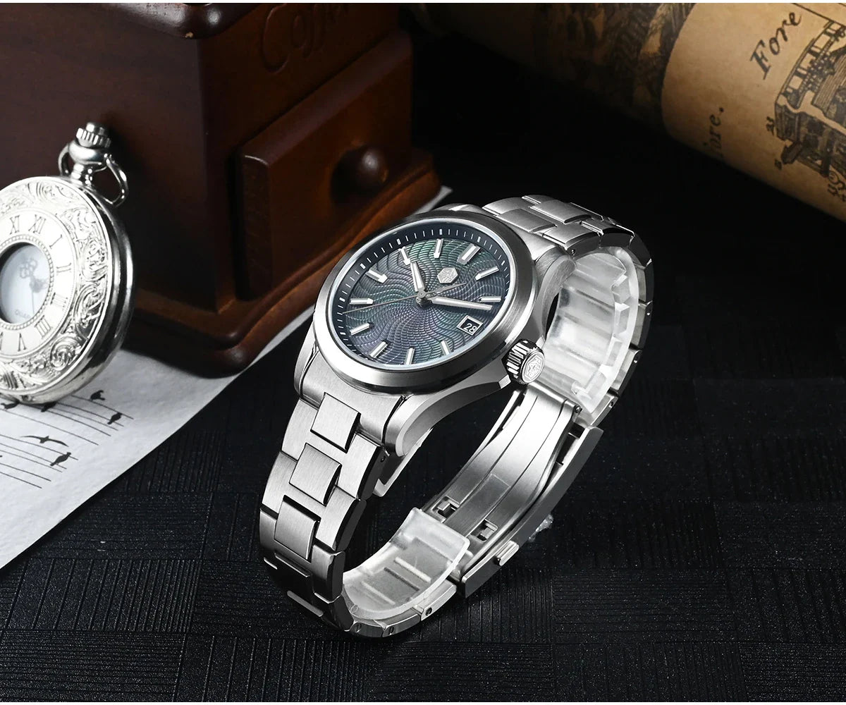 Green-yellow MOP color splash on San Martin Guilloche Pearl Diver SN0150-G1 with sapphire AR coated crystal