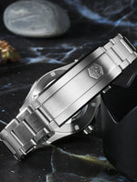 San Martin SN0129-G-D 200 meter dive watch tilted showing brushed steel bracelet width and secure folding clasp safety
