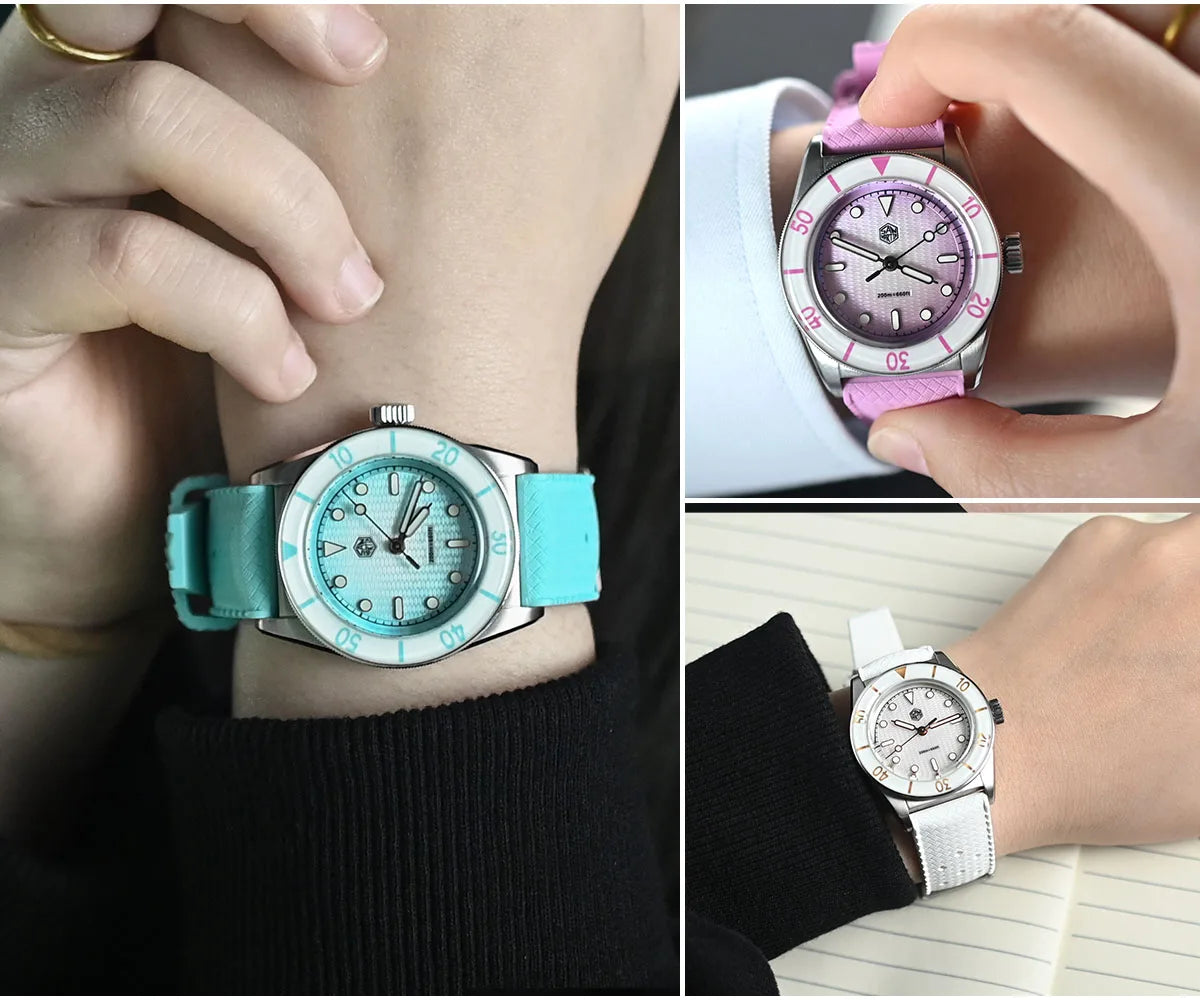 Blue wave guilloche MOP face on San Martin mechanical watch paired with premium FKM rubber strap option