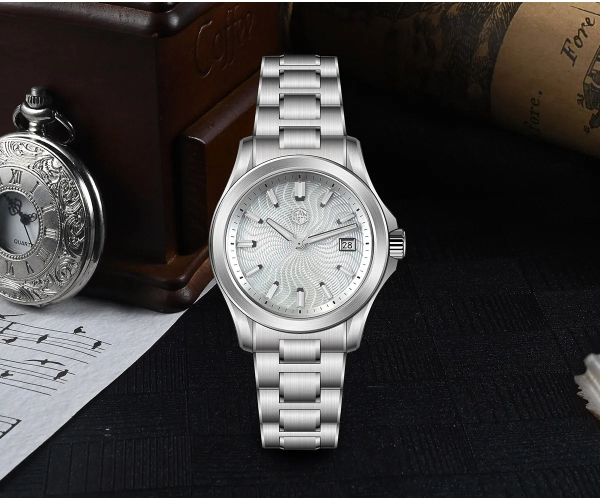 Full lug-to-lug view of San Martin SN0150-G1 Guilloche Pearl Diver showing 46.5mm span and dial diameter proportions
