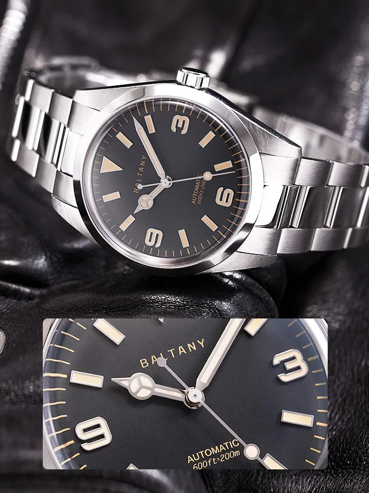 Brushed stainless steel bracelet on Baltany Explorer watch showcasing upgraded scratch-resistant link construction and double push button folding clasp