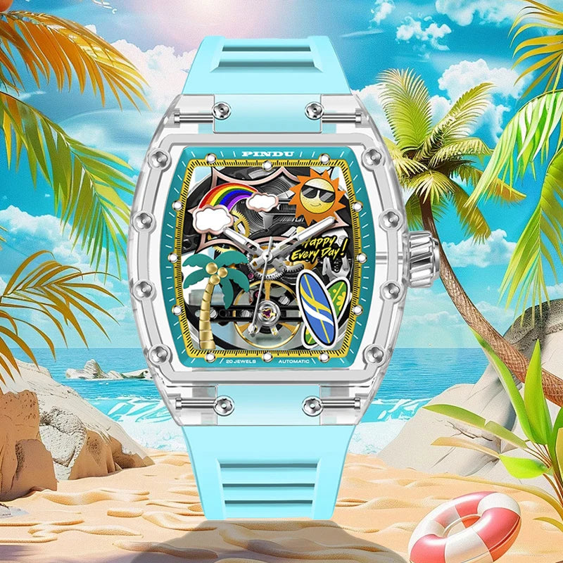 SOLSTICE skeleton tonneau automatic P6633 with exposed movement visible through resin crystal and luminous hands on 47mm case