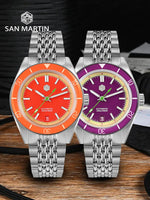 San Martin SN0116-G-B porcelain fruit automatic in avocado green with sapphire bezel and luminous indices under AR coated crystal