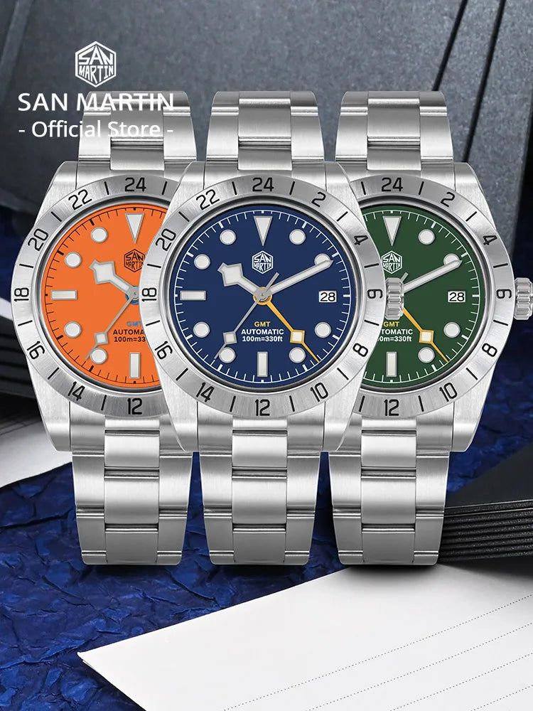 Top hat sapphire crystal with anti-reflective coating protecting the San Martin GMT dial with snowflake hand design