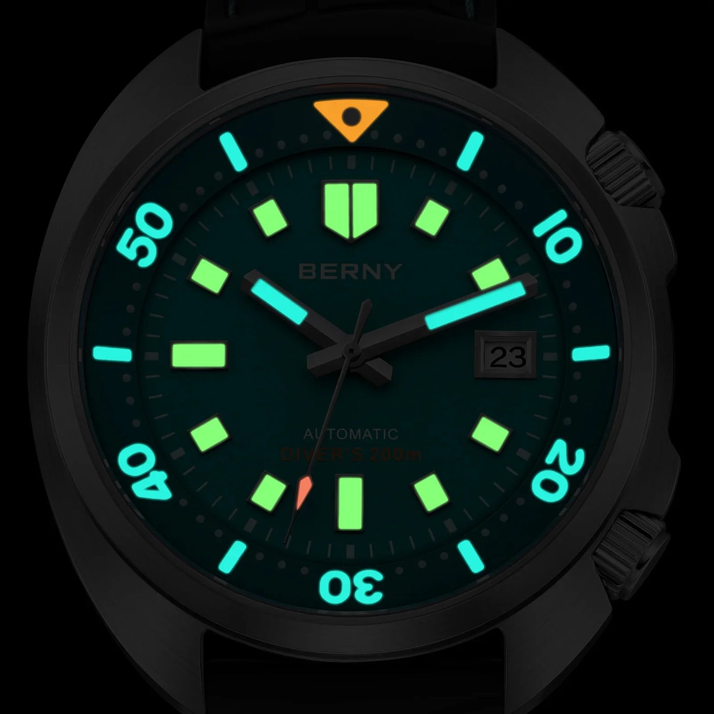 Malachite Green version of the Berny AM1970M showing brushed stainless steel finish and fluoroelastomer strap detail