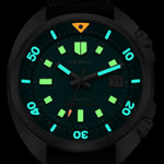 Malachite Green version of the Berny AM1970M showing brushed stainless steel finish and fluoroelastomer strap detail