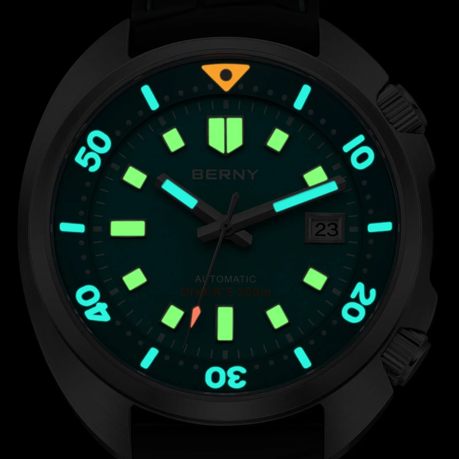 Malachite Green version of the Berny AM1970M showing brushed stainless steel finish and fluoroelastomer strap detail