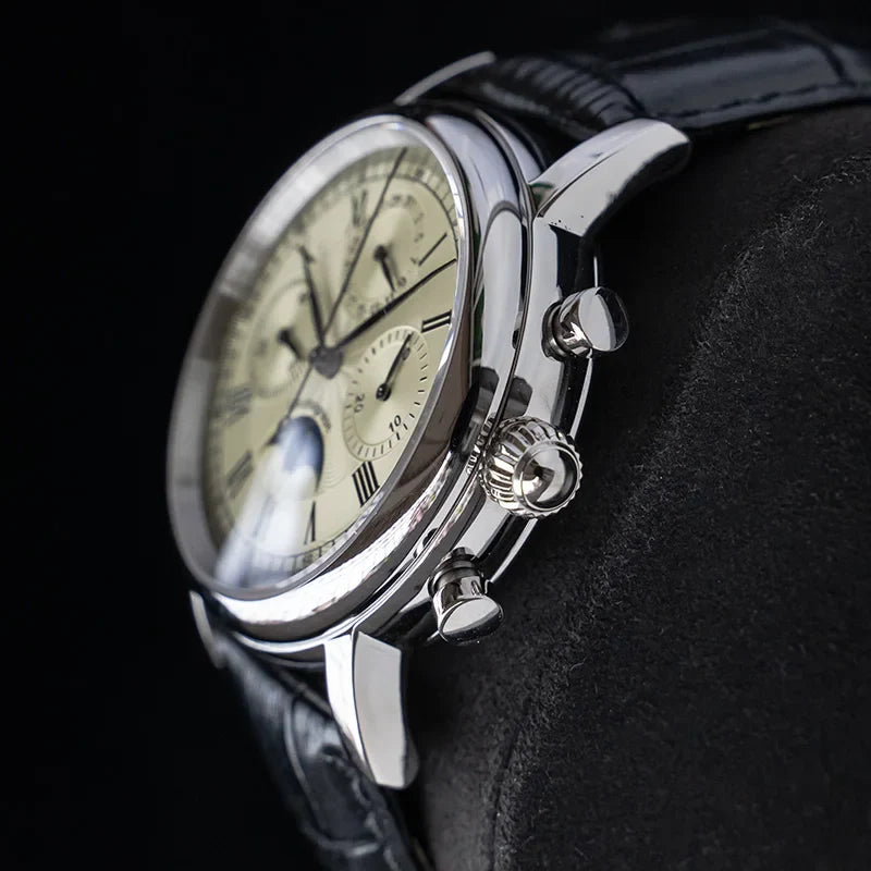 Side view revealing 12mm thickness of M199S case with butterfly buckle and leather strap attachment points